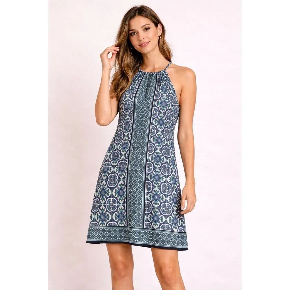 Francesca’s Blue Boho Halter Dress XS Sleeveless Geometric NWT